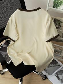 Manfinity Hypemode 男士休闲撞色滚边印花短袖T恤，夏季 - 杏色 - 查看 2