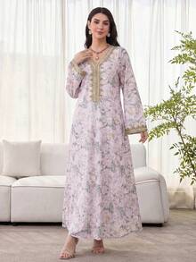 Al Najma 女士花卉印花钩编拼接长袖连衣裙，优雅端庄的A字型卡夫坦长袍，适合晚宴/婚礼宾客/周年纪念/日常穿着 - 淡紫色 - 查看 3