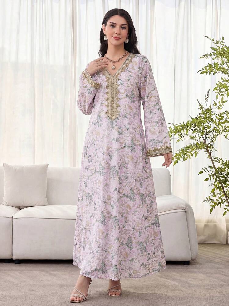 SHEIN Najma Women's Floral Print, Crochet Patchwork, Long Sleeve Dress, Modest Elegant A Line Kaftan & Jalabiya Dress, For Evening Party/Wedding Guest/Anniversary/Daily Wear - Mauve Purple - View 3