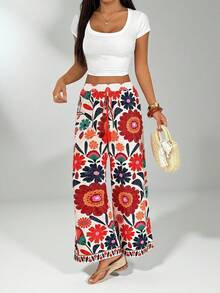 SHEIN PETITE 音乐节度假风女式全长花卉印花度假阔腿裤 - 彩色 - 查看 3