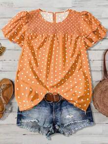 SHEIN LUNE Blusa casual de mujer talla grande con mangas de doble capa fruncida y estampado de lunares - Naranja - Ver 1