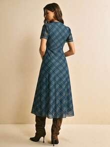 Poéselle Summer Casual Plaid Tie Collar Cinched Waist Dress Blue Midi Dress Womens Plaid Dress Plaid Dress Women Tie Front Dress French Style Dress - Gray Blue - View 3