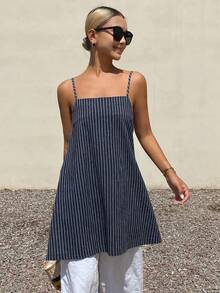 DAZY Damen Sommer gestreifte mittellange lässige Camisole Bluse - marineblau - Übersicht 3