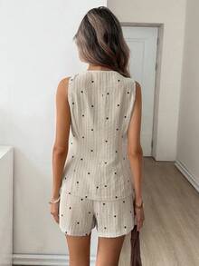 Easowa V领裹身系带蝴蝶结不规则下摆背心衬衫搭配松紧腰百慕大短裤套装，复古波点条纹印花亚麻面料，休闲放松优雅通勤度假春夏两件套女装 - 彩色 - 查看 6