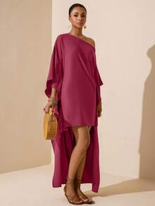 Vesra Women's Vacation Casual Solid Color Asymmetric Collar Dress - Rose Red - View 4
