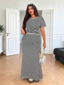 SHEIN EZwear Plus Size Women Summer Striped Short Sleeve T-Shirt And Fish Tail Skirt Casual 2 Pieces Set - Black and White - View 6