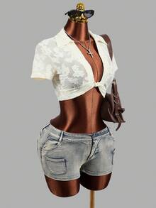 Mistrie Women's Cut-Out Short Sleeve Twist Design Cropped Sexy Blouse - Beige - View 3