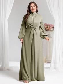 Coutiva Plus Size Solid Color Minimalist Long Sleeve Evening Gown (Embellished) - Army Green - View 3