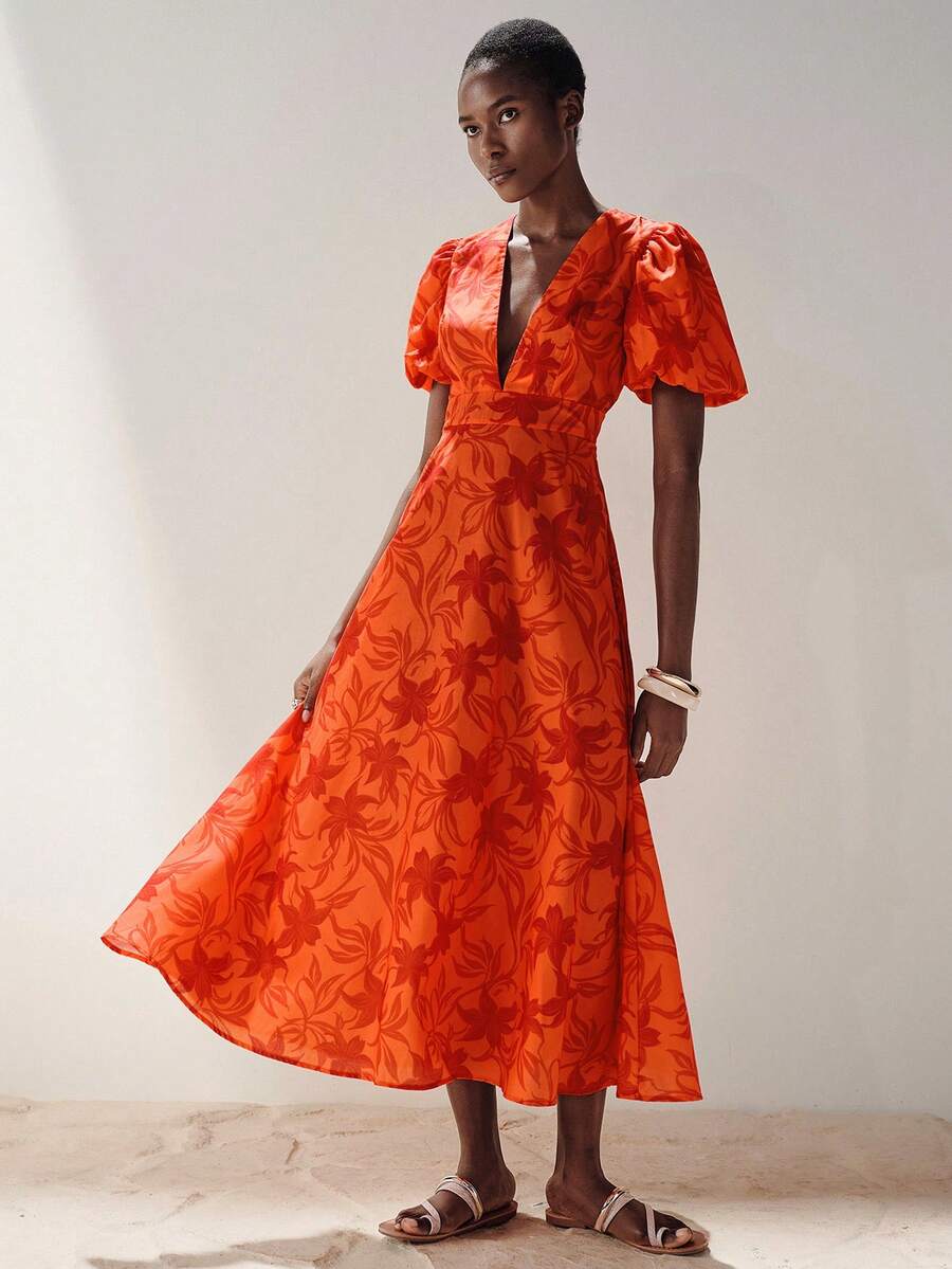 Aveloria Modichic Women Light Woven Floral Printed Fabric High Waist A-Line Swing Fit Deep V-Neck Puff Short Sleeve Design Elegant Vacation Style Red Floral Dresses For Women Summer Vacation Outfits Women Elegant Dresses For Women Red Dresses For Women Wrap Around Dresses For Ladies Women's Talk Dress Ycv9w Discount Code For Woman Dress Wrap Dress Wedding Guest - Orange - View 1