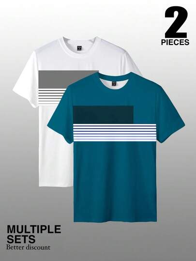 Manfinity Homme Set de 2 camisetas casuales de hombre con estampado de color contrastante y talla grande