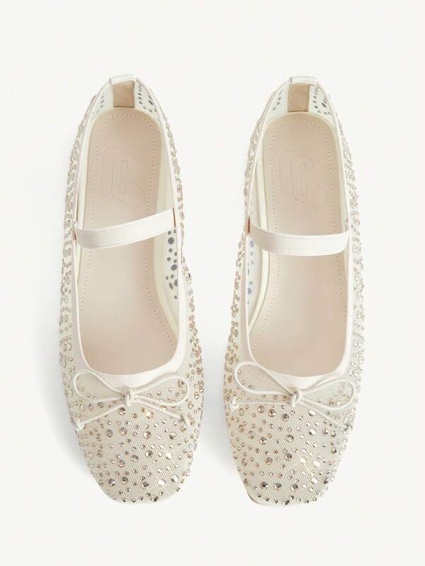 CUCCOO CHICEST Women Shoes Spring And Summer Fashion Beige Full Diamond Mesh Yarn Small Bow Elastic Band Women's Flat Shoes Elegant Comfortable Breathable Cute Sweet Mary Jane Flat Women's Shoes