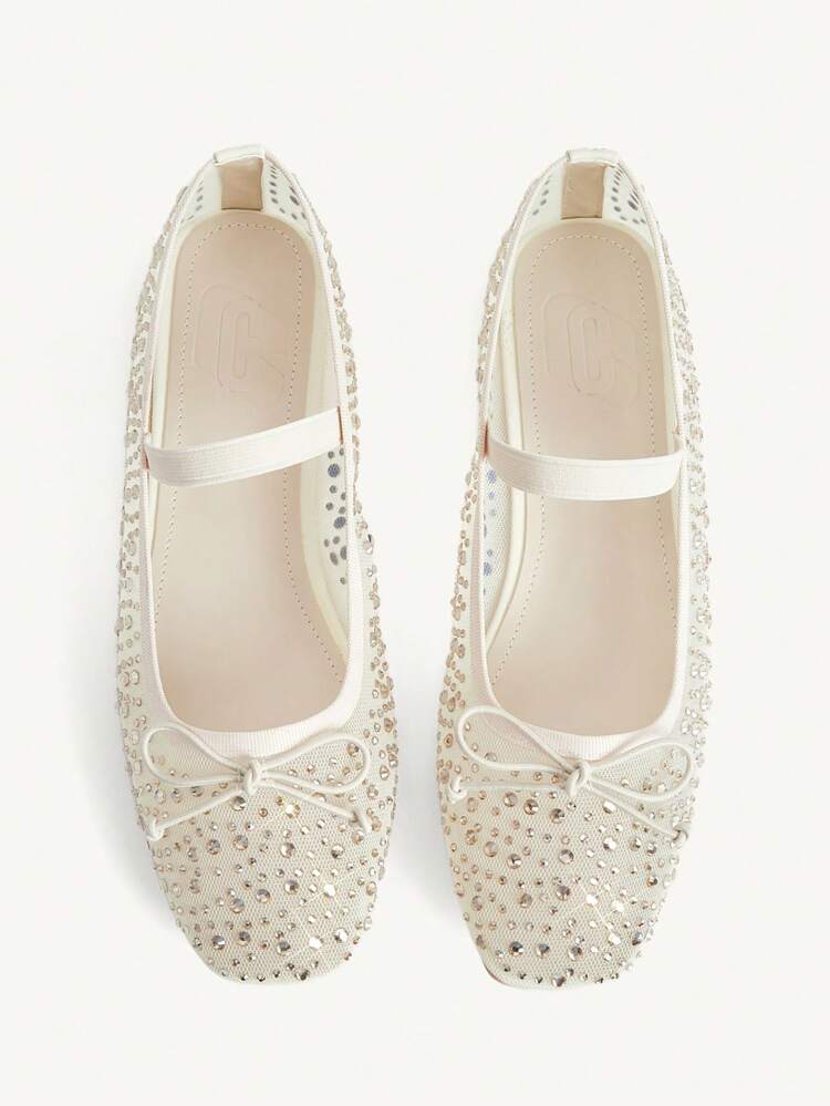 CUCCOO CHICEST Women Shoes Spring And Summer Fashion Beige Full Diamond Mesh Yarn Small Bow Elastic Band Women's Flat Shoes Elegant Comfortable Breathable Cute Sweet Mary Jane Flat Women's Shoes