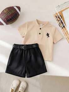 SHEIN 2件套男婴舒适休闲时尚藏蓝色珠地布POLO衫（立领短袖）和白色短裤（带腰带），适合室内、室外、日常、运动、玩耍、派对、拍照、度假、节日、幼儿园等场合。 - 卡其色 - 查看 3