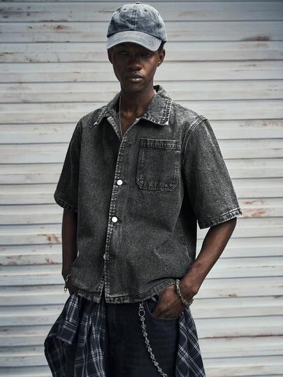 Modcrash Men's Summer Casual Black Short Sleeve Single-Breasted Pocket Denim Shirt Work Street Hang Out Urban