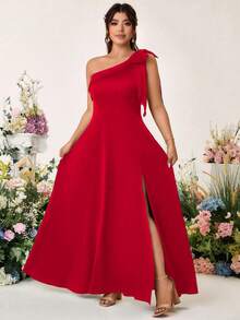 Cravure Gaun Pesta Koktail Tanpa Lengan dengan Tali Bahu Tipis, Ukuran Plus, Hiasan Pita, Bahan Satin Polos, Potongan A-Line, Belahan di Bagian Bawah, Gaun Pernikahan - Merah - View 6
