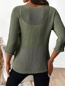 SHEIN 女士纯色简约圆领长袖毛衣，日常穿着 - 軍綠色 - 查看 2