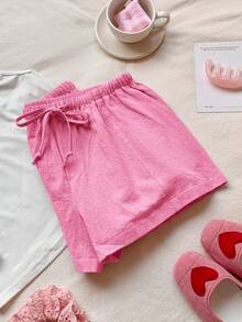 Comfortcana Pantalones cortos de mujer casuales y sueltos con cordón, pantalones cortos de lino versátiles para uso diario en color rosa rojo - Rosa Fucsia - Ver 6