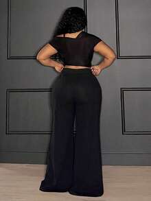 SHEIN PETITE CURVE Plus Size Women's Black Lace Patchwork Pants,Elegant Summer High Waist Wide Leg Flare Palazzo Slacks,Hollow Mesh Rave Nightclub Wear,Formal Long Pants - Black - View 2