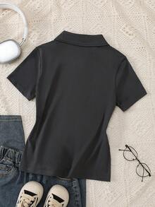 Tween Girl Letter Print Short Sleeve Polo Neck T-Shirt - Dark Grey - View 3