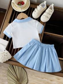 SHEIN 2件套女婴幼儿/新生儿0-3岁春夏休闲运动V领Polo衫短袖T恤和百褶裙套装 - 淺藍色 - 查看 2