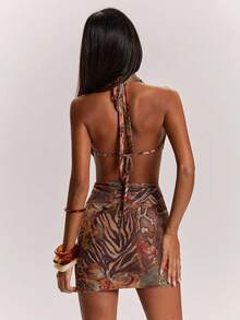 SHEIN BAE Đầm ngắn gợi cảm khoét lưng với họa tiết da báo Paisley, thích hợp cho lễ hội nhạc đồng quê, câu lạc bộ, hoạt động ngoài trời, mùa hè, phong cách Boho. - Nhiều màu - Xem 2