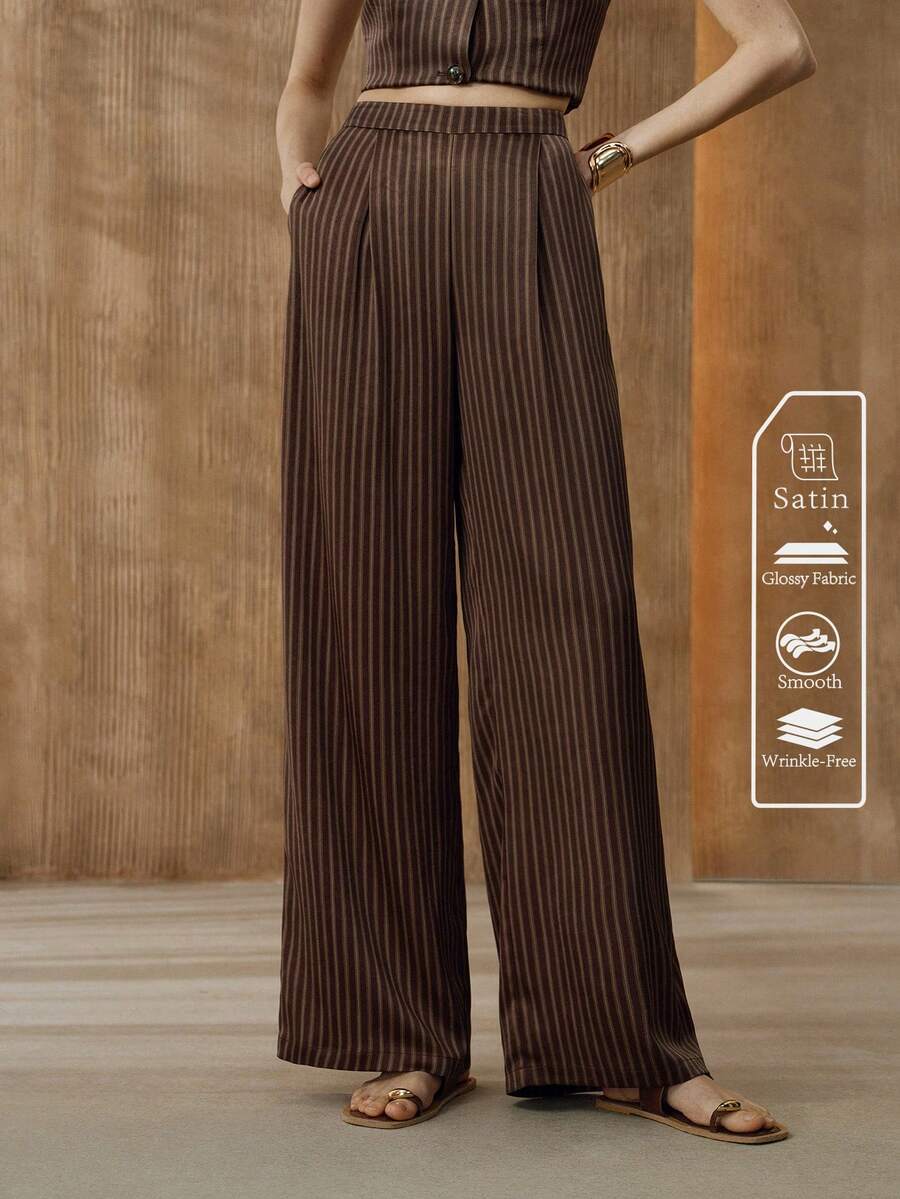 Arave 女士高腰条纹褶裥阔腿休闲工作裤 - 駝色 - 查看 1