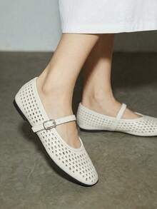 女士芭蕾舞鞋，透气镂空圆头玛丽珍鞋，白色 - 白色 - 查看 4