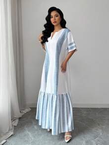 Al Najma Đầm nữ dáng rộng tay ngắn kẻ sọc xanh trắng bằng vải lanh, kiểu dáng nghỉ dưỡng Ả Rập, thích hợp cho mùa xuân/hè. - Màu xanh lam - Xem 5