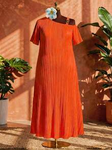 SHEIN CURVE+ Curve 尺码 US22 音乐节、海滨度假、波西米亚风新款不对称领金属纽扣装饰短袖纹理褶裥开衩连衣裙，女士夏季服装，女士吊带裙 - 橘色 - 查看 5