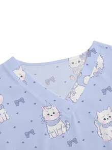 PopScrub Áo đồng phục y tế nữ màu tím cổ chữ V tay ngắn hai túi họa tiết hoạt hình dễ thương, in hình mèo đáng yêu, đồng phục y tá bác sĩ, quần áo làm việc chăm sóc thú cưng màu trơn, áo khoác phòng thí nghiệm dinh dưỡng, quần áo làm việc nhiều túi tiện dụng, trang phục ngày lễ tiện dụng cho nữ, dễ thương - Màu tím - Xem 3