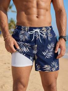 VIVINTIMO Men's Floral Print Drawstring Waist Beach Shorts Men Swim Trunks,Hawaiian - Navy Blue - View 2
