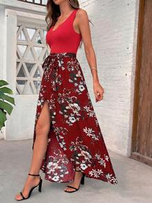 SHEIN Clasi 女士新款时尚梭织印花拼接针织连体裤 - 紅色 - 查看 3