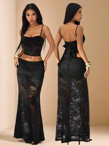 SHEIN PETITE Solid Black Sheer Lace Camisole Top & Low-Waisted Skirt 2 Pieces Set,Black Floral,Summer,Elegant,Party Night,Wedding Guest Attire,Brunch Dress ,Petite Women - Black - View 9