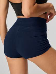 SHEIN Tall Ladies' Solid Color Ruched Biker Shorts, Summer Biking,Yoga Sports - Navy Blue - View 3