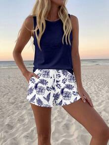 Sylviya Women's Casual Round Neck Tank Top And Shorts 2 Pieces Set, Suitable For Summer - Multicolor - View 5