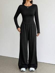 SHEIN Tall Bộ 2 món áo dài tay và quần dài màu trơn dành cho nữ. - màu đen - Xem 5