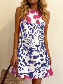 Vaclyn 女士豹纹圆领无袖休闲迷你连衣裙 - 彩色 - 查看 5