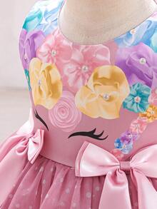 SHEIN Glamorique Kids 梦幻花朵独角兽渐变波点薄纱幼儿正式礼服，特殊场合派对礼服 - 藕粉色 - 查看 6