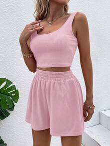 EMERY ROSE Women's Summer Casual Solid Color Cropped Tank Top And Shorts 2 Pieces Set - Pink - View 5