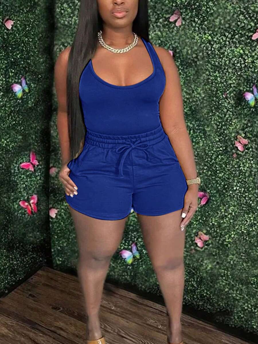 Slaydiva Women's Summer U-Neck Cropped Tank Top And Drawstring Pocket Shorts Set Outfits - Blue - View 1