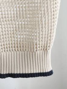 Franclia 女士圆领杏色和藏蓝色拼接镂空休闲度假针织上衣，春夏款 - 彩色 - 查看 6