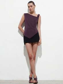 Aveloria Modichic 新款时尚简约金属扣细肩带吊带背心，修身优雅无袖上衣 - 棕色 - 查看 7