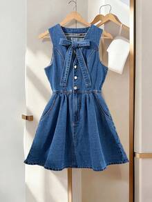 GlowEve Women's Autumn Sleeveless Denim Dress With Bow Decor Swimming Pastal Sexy - Medium Wash - View 3