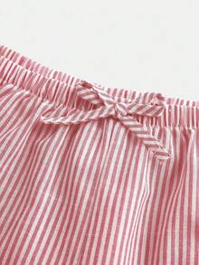 SHEIN Celana Pendek Bergaris Pinggang Rendah untuk Remaja Perempuan, Cocok untuk Liburan Musim Panas di Pantai, Celana Pendek Kasual di Rumah. - Merah - View 4