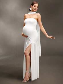 Cheriluna Maternity Robe de maternité longue fendue fluide sans bretelles de couleur unie pour séance photo - Blanc - Voir 1