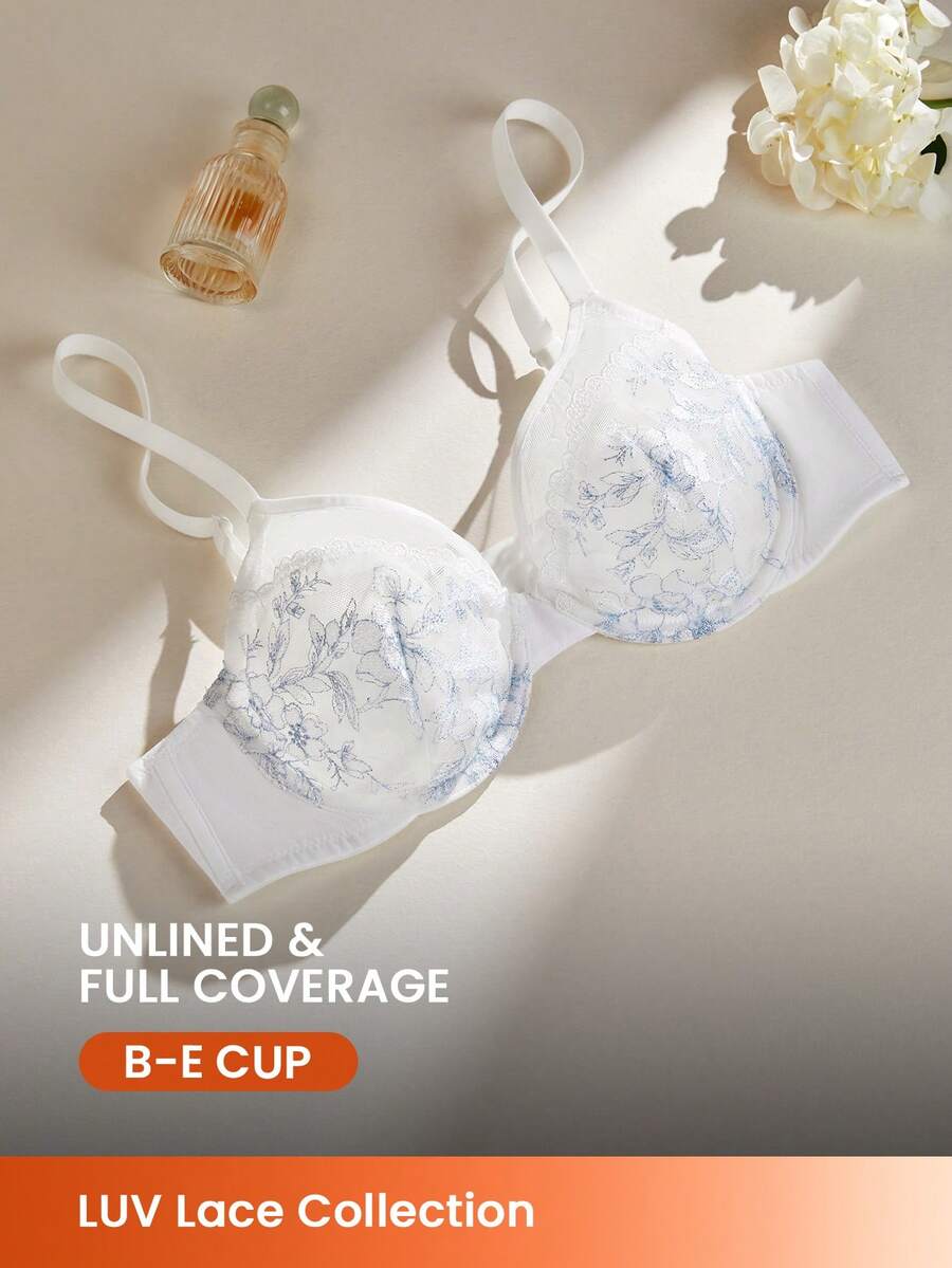 LUVLETTE 女士内衣全罩杯聚拢透气钢圈性感无衬里刺绣蕾丝浅蓝色白色婚纱新娘文胸网纱蕾丝文胸白色显瘦文胸 - 藍色 - 查看 1