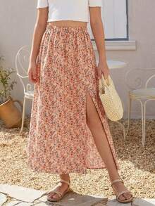 SHEIN Tween Girl Ditsy Floral Elastic Waist Casual Skirt Long Spring Summer Skirts Modest Skirt - Pink - View 5