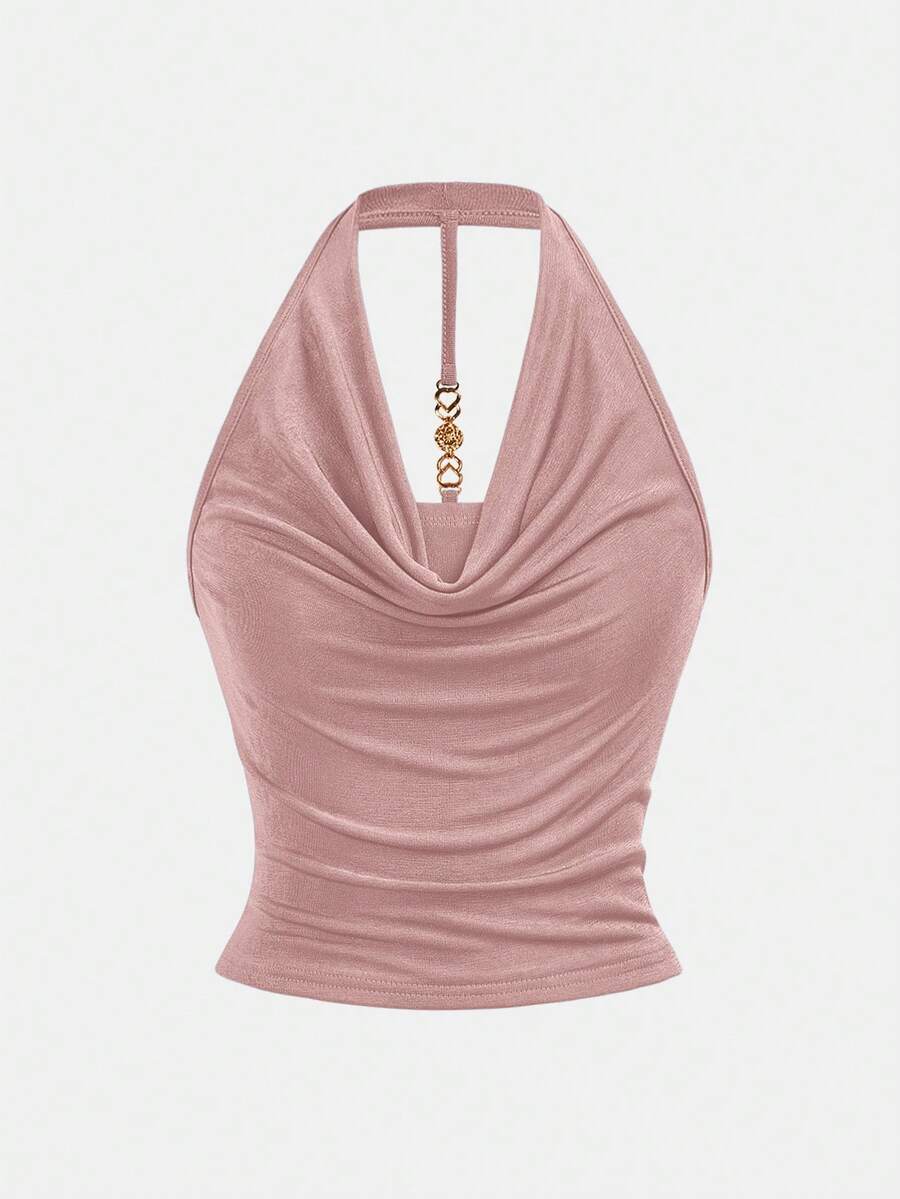 SHEIN Girlism 少女露背吊带背心，金属装饰扣，适合邮轮、万圣节、晚宴、生日、返校节、运动、返校、度假、大学风、复活节、音乐节、毕业典礼、家庭聚会等场合；时尚甜美纯色双层蕾丝白色迷你A字Y2K套装，搭配白色荷叶边层叠蛋糕裙；针织露背短款上衣，打结细节，不对称下摆；短款上衣 - 粉色 - 查看 1