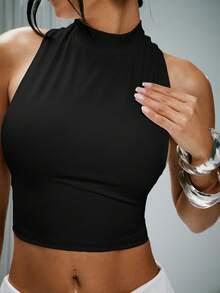 Denimoi Áo tank top cổ cao ôm sát, lưng chữ V gợi cảm, thích hợp cho các buổi tiệc tùng, thời trang đường phố và mặc hàng ngày. - màu đen - Xem 4
