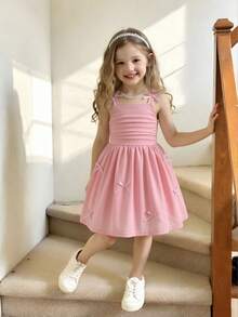 SHEIN Glamorique Kids 年轻女孩优雅迷人的紫红色无袖褶皱设计可爱蝴蝶结腰身修身蓬松连衣裙正式礼服 - 粉色 - 查看 7